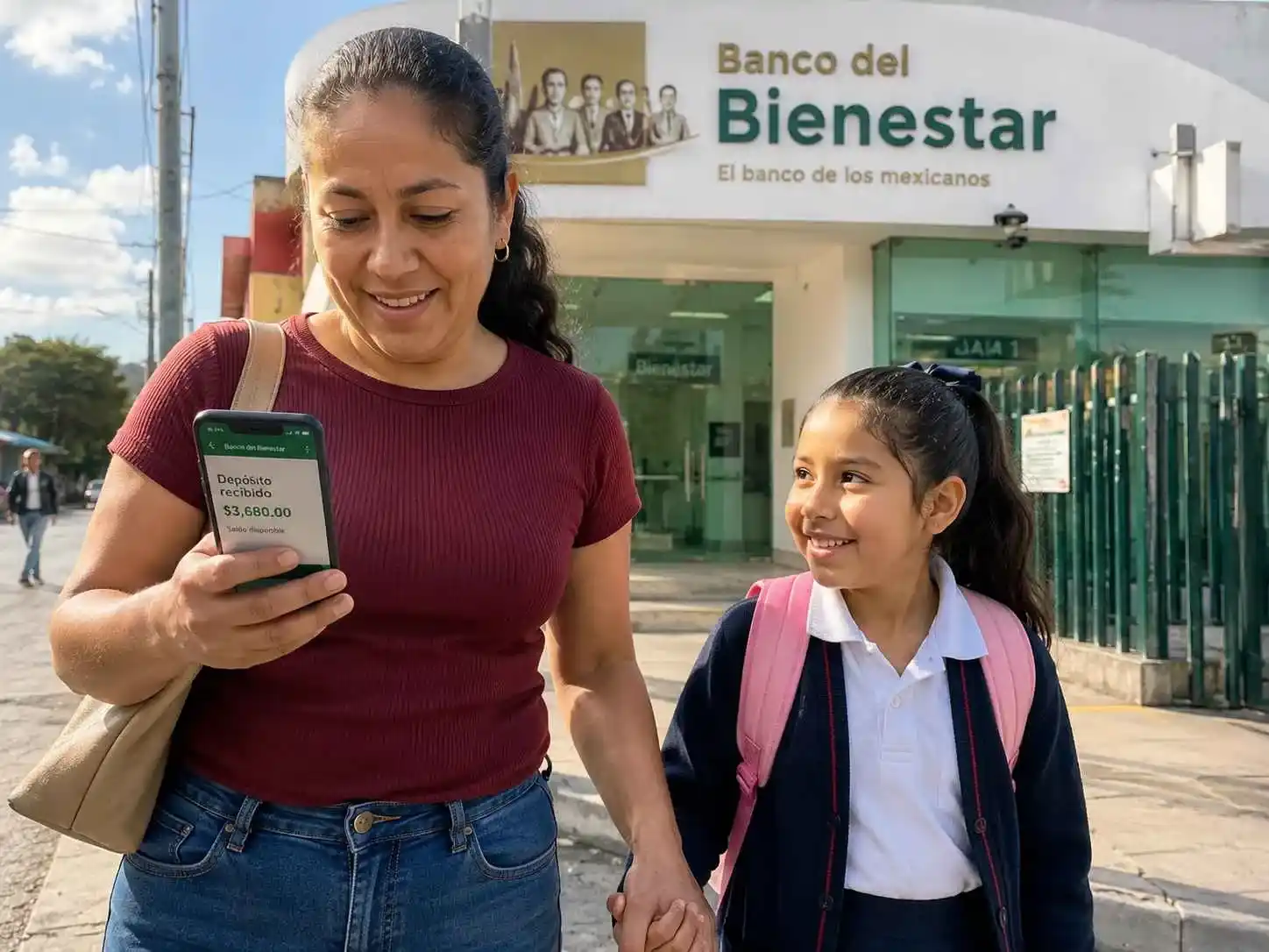 Madre e hija saliendo del Banco del Bienestar tras recibir el depósito de 2,500 pesos de la Beca Rita Cetina para el regreso a clases.
