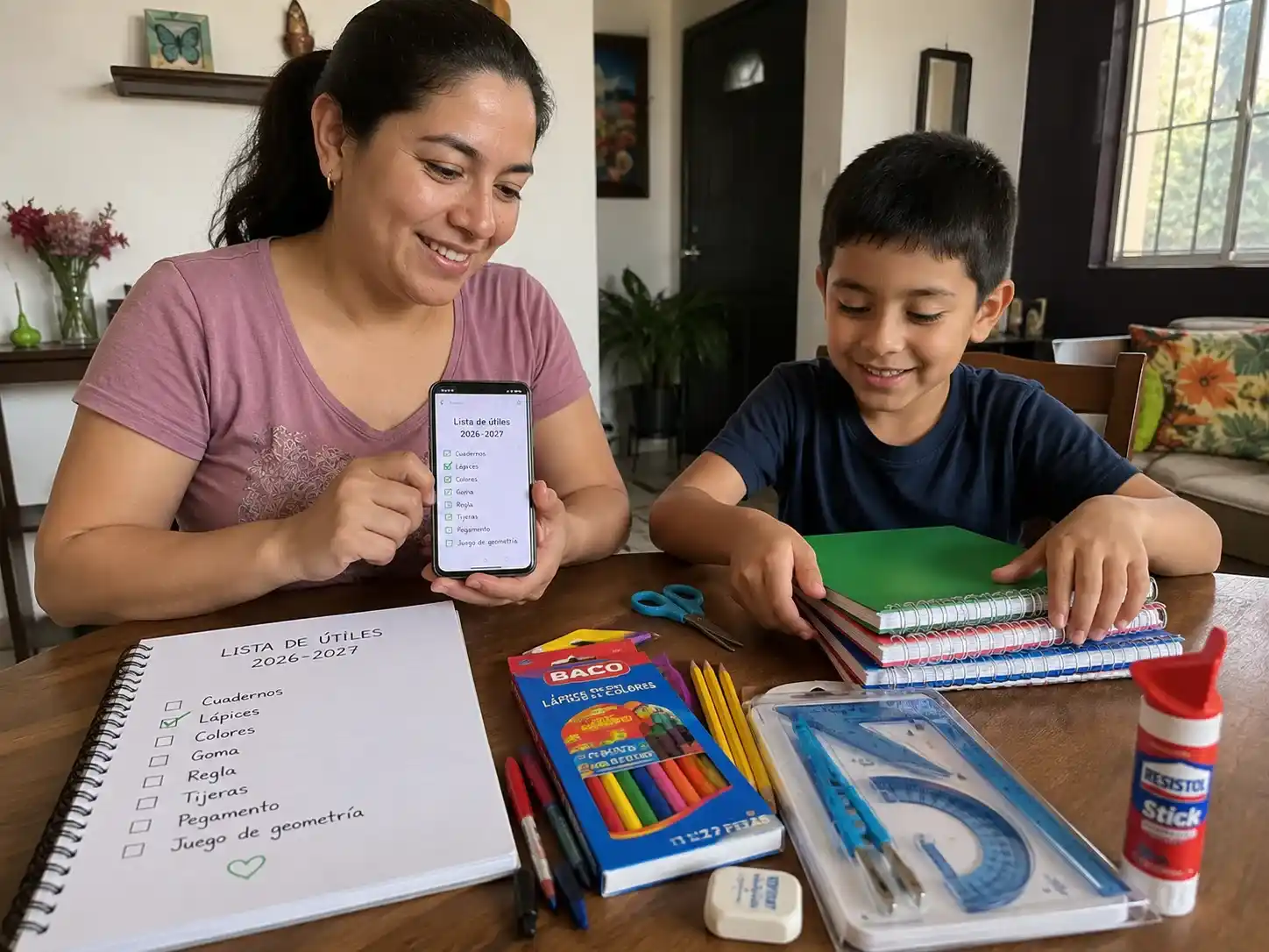 Madre e hijo mexicanos revisando la lista oficial de útiles escolares de la SEP y organizando cuadernos y lápices en la mesa de su hogar.