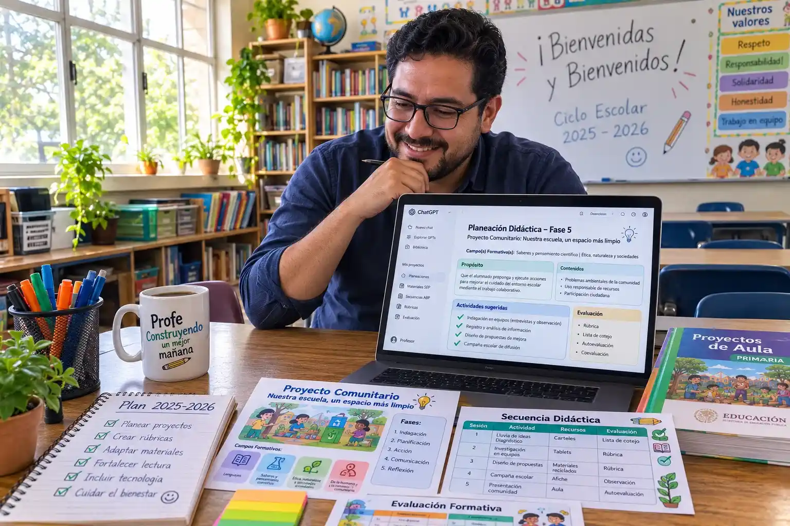 Maestro mexicano organizando su planeación didáctica de la Nueva Escuela Mexicana en una computadora portátil dentro del aula antes de iniciar las clases.