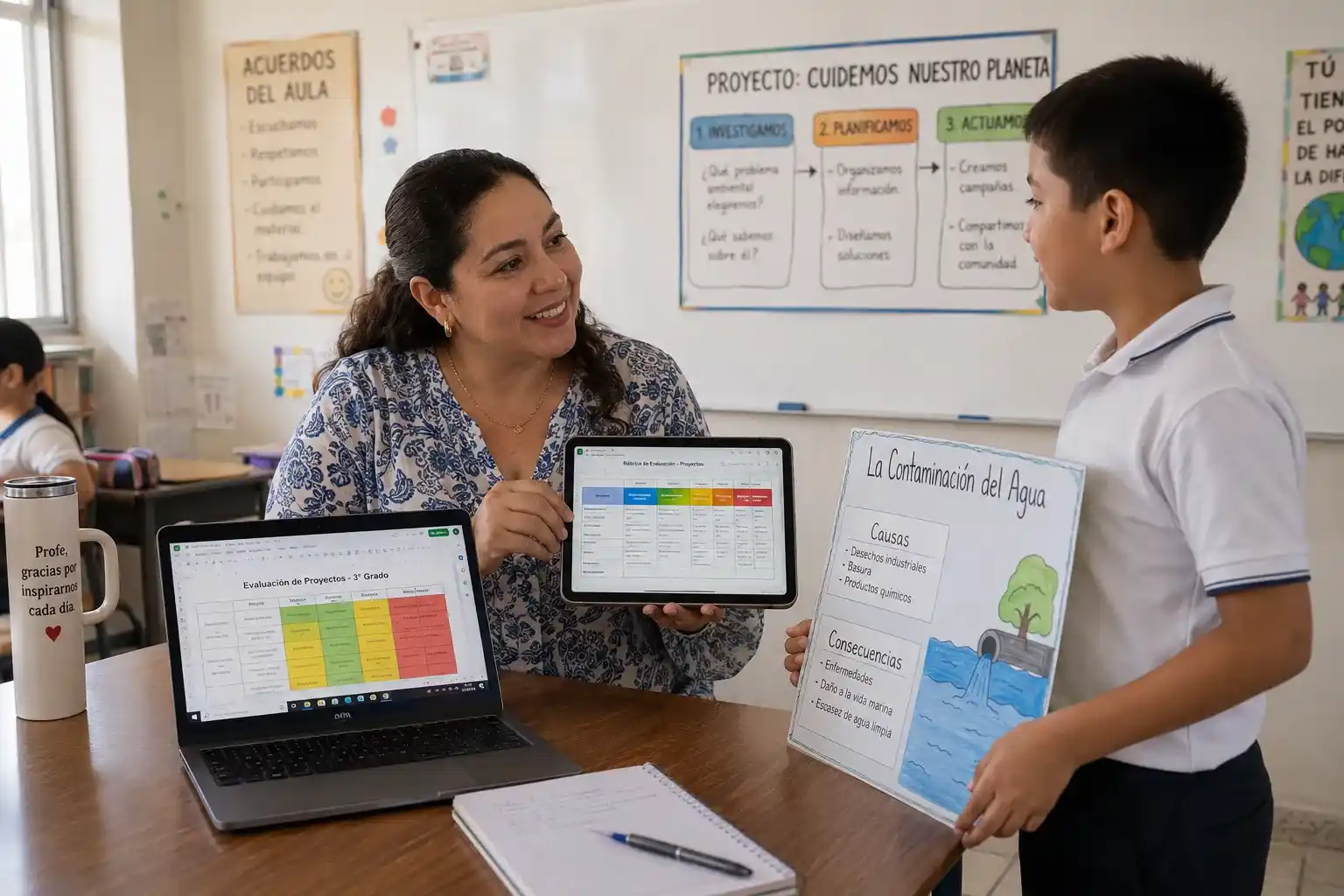 Maestra mexicana usando una rúbrica de evaluación automatizada en Google Sheets desde su tableta para calificar un proyecto escolar en el aula.
